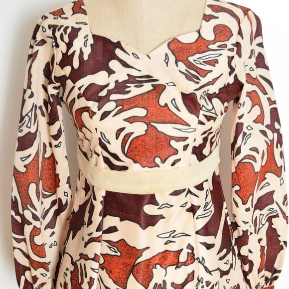 vintage 60s dress graphic print long hostess maxi gown empire waist XS African - Picture 3 of 8